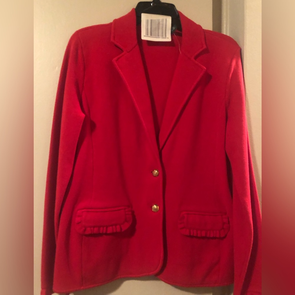 NWT Gorgeous red Ralph Lauren sweater jacket - ruffled details on pocket/cuffs